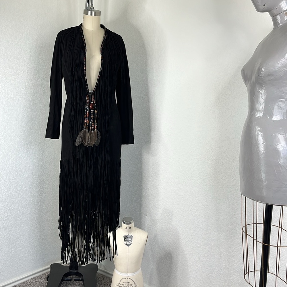 Anna Trzebinski Navajo Sueded Beaded Fringe Leather Black Duster Midi Coat